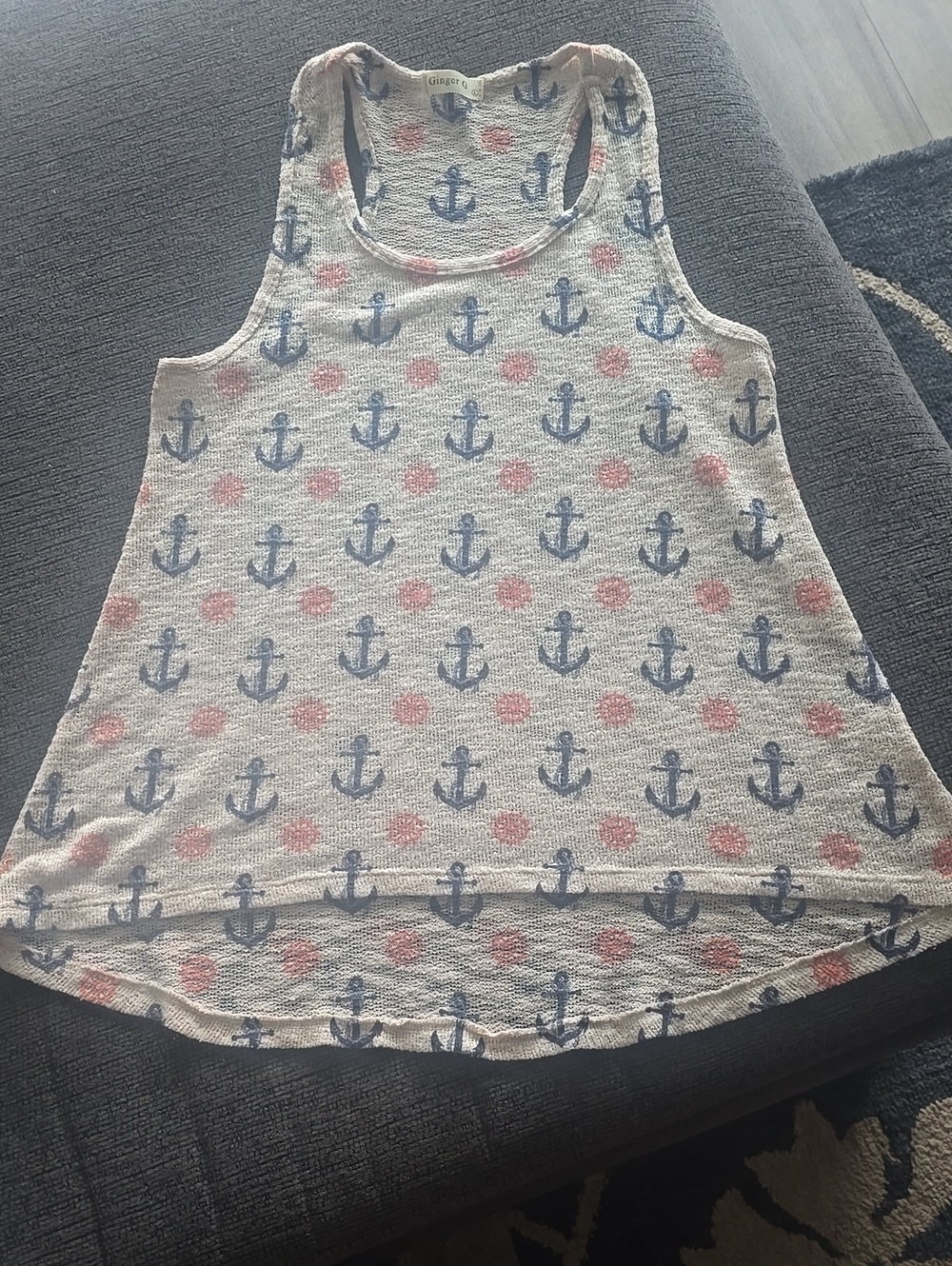 Ginger G White Tank Top with Blue Anchors & Pink Dots